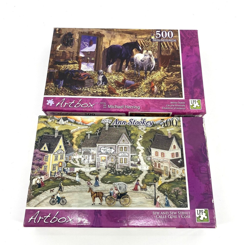 Artbox 500 Piece Puzzles Lot of 2 Michael Herring Horses Barn Ann Stookey Houses